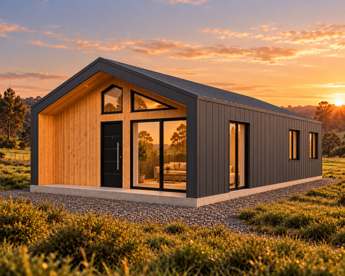 Casa moderna de madera al atardecer
