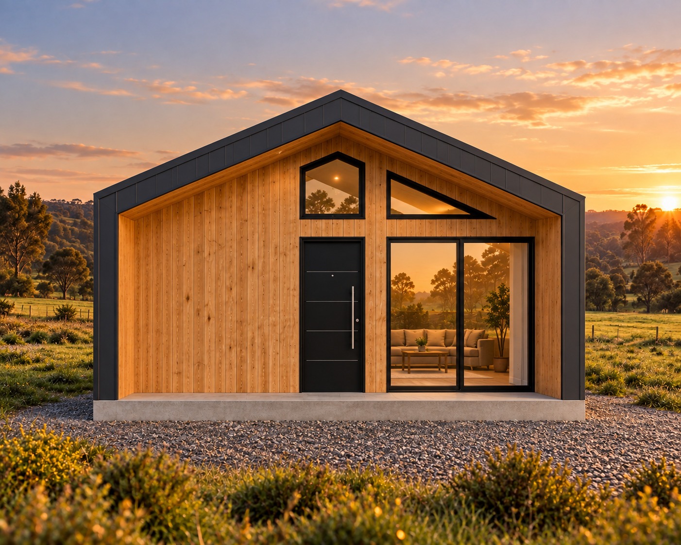 Casa rural de madera al atardecer